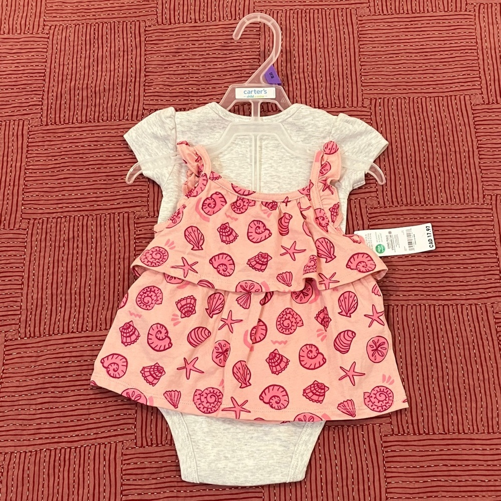 Carter's 12 mths Pink fry Seashell Print Baby doll Dress / diaper cover / onesie